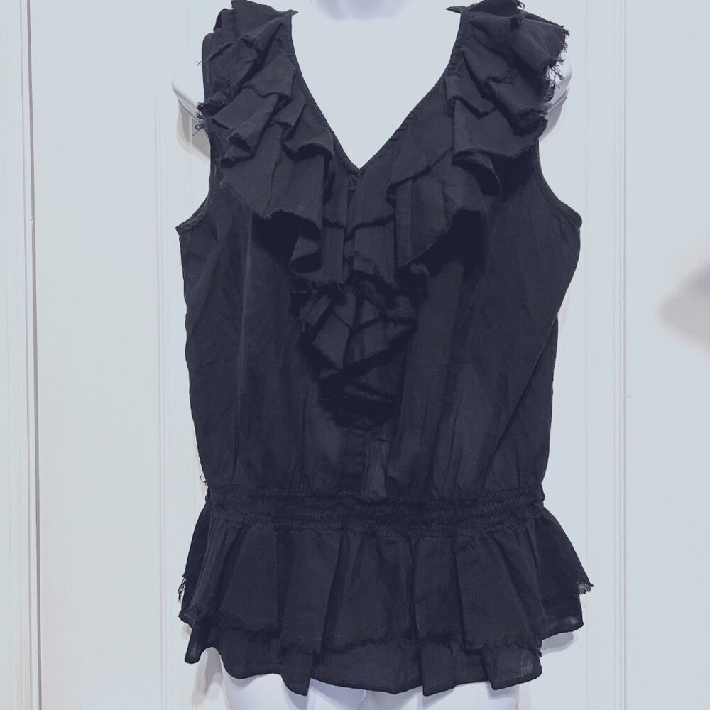 Ashe Wood Women's Black Cotton Pull Over Blouse-V Neck-Distressed Ruffles Layers